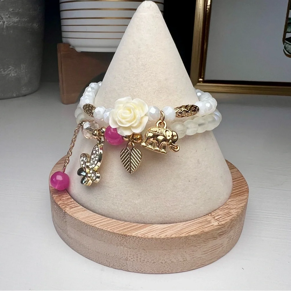 Elegant Gold White Pink Charm Stretch Bracelet Butterfly Heart Flower Elephant